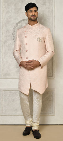 Pink and Majenta color IndoWestern Dress in Jacquard fabric with Broches, Weaving work