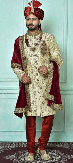 Beige and Brown color Sherwani in Art Dupion Silk fabric with Bugle Beads, Sequence, Thread work