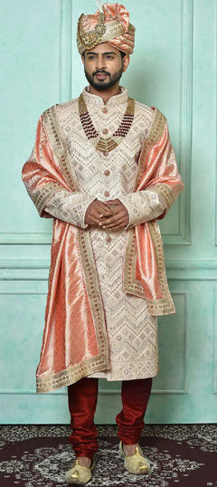 Beige and Brown color Sherwani in Art Silk fabric with Embroidered, Sequence, Thread work