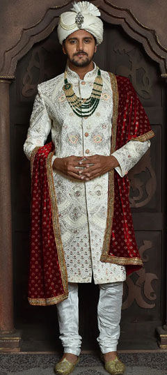 White and Off White color Sherwani in Art Silk fabric with Embroidered, Sequence, Thread work