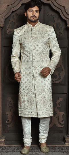 Blue color Sherwani in Art Silk fabric with Embroidered, Sequence, Thread work