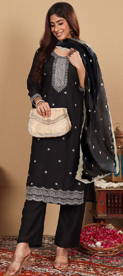 Black and Grey color Salwar Kameez in Silk fabric with Embroidered, Sequence, Thread work