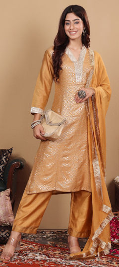 Beige and Brown color Salwar Kameez in Blended fabric with Embroidered, Sequence, Thread work
