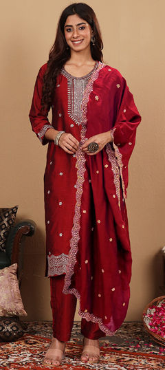 Red and Maroon color Salwar Kameez in Silk fabric with Embroidered, Sequence, Thread work