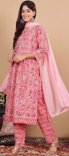 Pink and Majenta color Salwar Kameez in Cotton fabric with Embroidered, Floral, Printed work