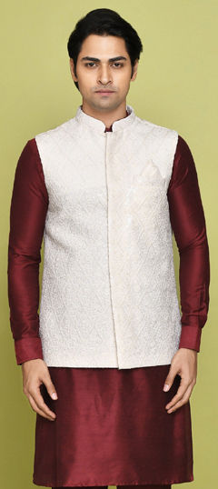 Beige and Brown color Nehru Jacket in Georgette fabric with Embroidered work