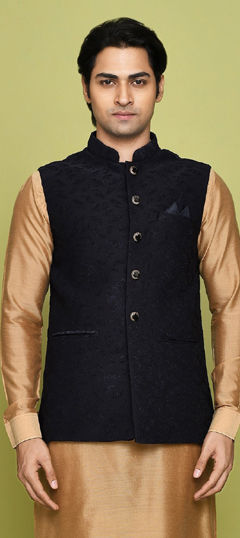 Blue color Nehru Jacket in Velvet fabric with Patch work