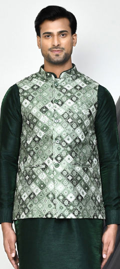 Green color Nehru Jacket in Art Dupion Silk fabric with Embroidered, Printed work