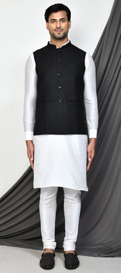 Black and Grey color Kurta Pyjama with Jacket in Viscose fabric with Thread work