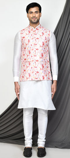 Pink and Majenta color Kurta Pyjama with Jacket in Art Dupion Silk fabric with Embroidered, Printed work