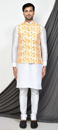 Yellow color Kurta Pyjama with Jacket in Art Dupion Silk fabric with Embroidered, Printed work