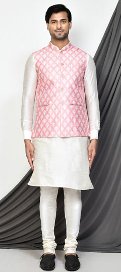 Pink and Majenta color Kurta Pyjama with Jacket in Art Dupion Silk fabric with Embroidered, Printed work