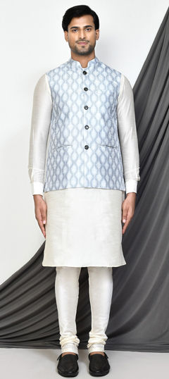 Black and Grey color Kurta Pyjama with Jacket in Art Dupion Silk fabric with Embroidered, Printed work