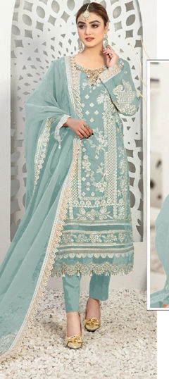 Blue color Salwar Kameez in Organza Silk fabric with Embroidered, Resham, Stone, Thread work