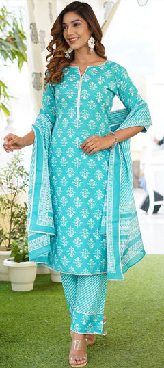 Blue color Salwar Kameez in Cotton fabric with Printed, Thread work