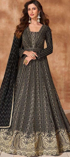 Black and Grey color Gown in Georgette fabric with Printed, Thread, Zari work