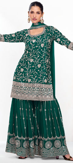 Green color Salwar Kameez in Silk fabric with Embroidered, Sequence, Thread, Zari work