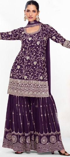 Purple and Violet color Salwar Kameez in Silk fabric with Embroidered, Sequence, Thread, Zari work