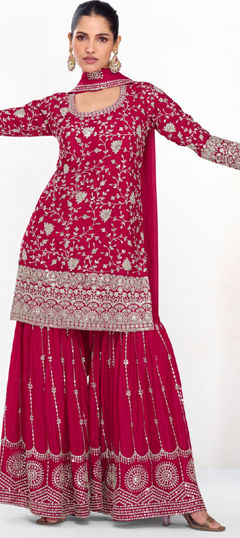 Pink and Majenta color Salwar Kameez in Silk fabric with Embroidered, Sequence, Thread, Zari work