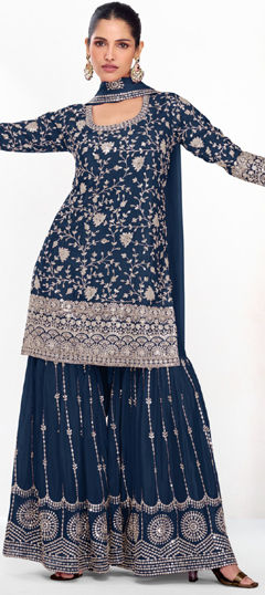 Blue color Salwar Kameez in Silk fabric with Embroidered, Sequence, Thread, Zari work