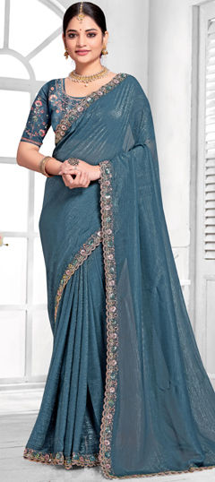 Blue color Saree in Silk fabric with Embroidered, Resham, Sequence, Zircon work