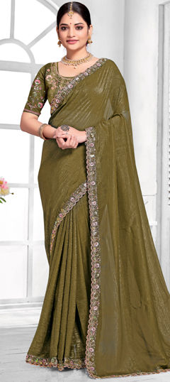 Green color Saree in Silk fabric with Embroidered, Resham, Sequence, Zircon work