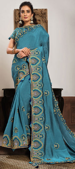 Blue color Saree in Georgette fabric with Embroidered, Gota Patti, Resham, Thread work