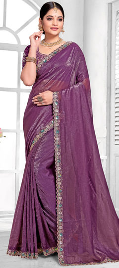 Purple and Violet color Saree in Silk fabric with Embroidered, Resham, Sequence, Zircon work