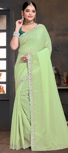 Green color Saree in Silk fabric with Embroidered, Resham, Sequence, Zircon work