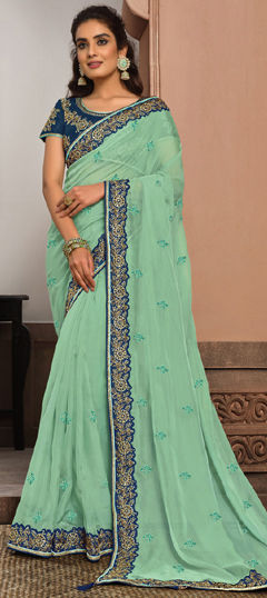 Blue color Saree in Tissue fabric with Embroidered, Stone, Thread, Zari work