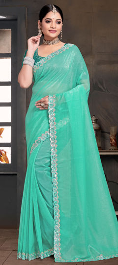 Blue color Saree in Silk fabric with Embroidered, Resham, Sequence, Zircon work