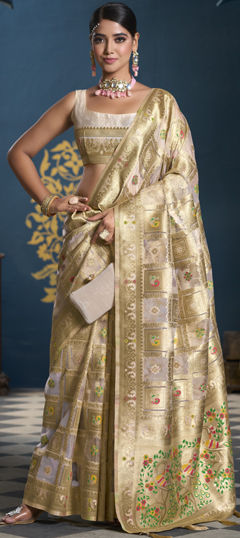 White and Off White color Saree in Organza Silk fabric with Weaving, Zari work