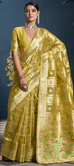 Gold color Saree in Organza Silk fabric with Weaving, Zari work