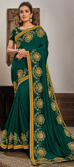 Green color Saree in Georgette fabric with Appliques, Embroidered, Resham, Zari work