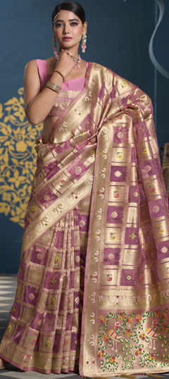 Pink and Majenta color Saree in Organza Silk fabric with Weaving, Zari work