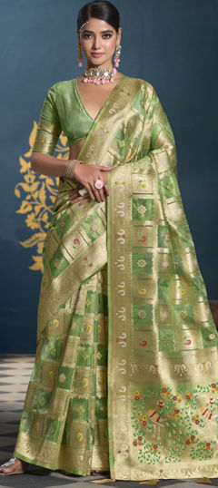 Green color Saree in Organza Silk fabric with Weaving, Zari work
