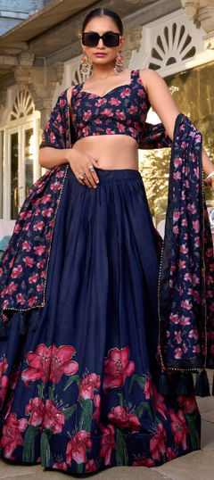 Blue color Lehenga in Tussar Silk fabric with Floral, Printed work