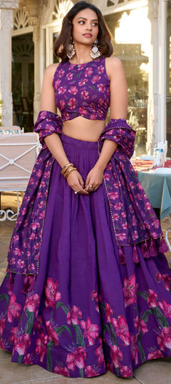 Purple and Violet color Lehenga in Tussar Silk fabric with Floral, Printed work