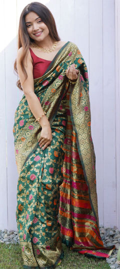 Green color Saree in Banarasi Silk fabric with Weaving, Zari work