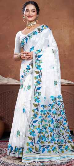 White and Off White color Saree in Cotton fabric with Weaving work