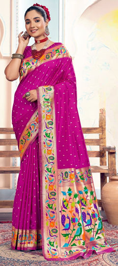 Pink and Majenta color Saree in Silk fabric with Weaving, Zari work