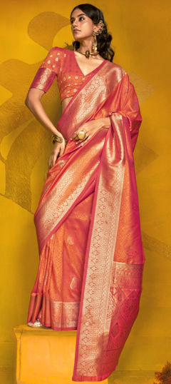 Orange color Saree in Handloom fabric with Weaving work