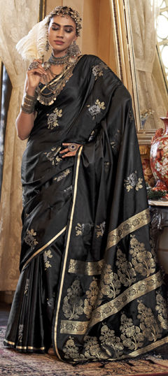 Black and Grey color Saree in Satin Silk fabric with Weaving work