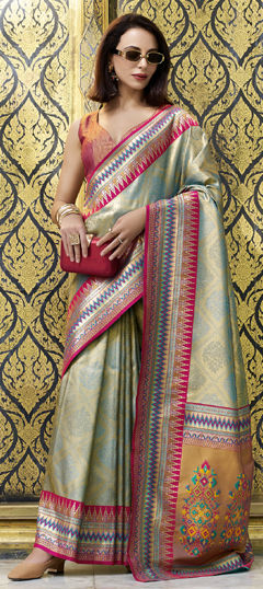 Green color Saree in Tissue fabric with Weaving, Zari work