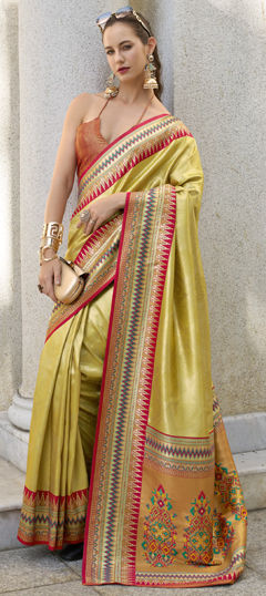 Gold color Saree in Tissue fabric with Weaving, Zari work