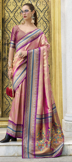 Pink and Majenta color Saree in Tissue fabric with Weaving, Zari work