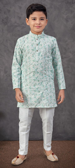 Multicolor color Boys Kurta Pyjama in Cotton fabric with Digital Print, Embroidered, Lace, Thread work