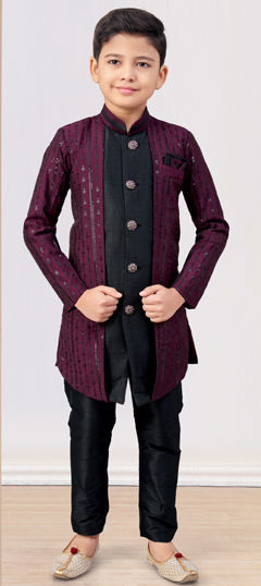 Black and Grey, Purple and Violet color Boys Indo-Western in Silk fabric with Sequence, Stone, Thread work