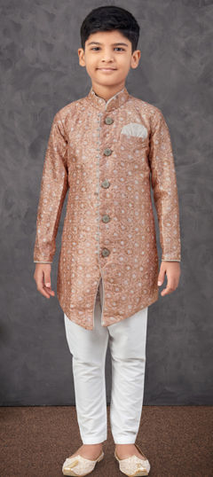 Beige and Brown, White and Off White color Boys Indo-Western in Silk fabric with Digital Print, Embroidered, Sequence work