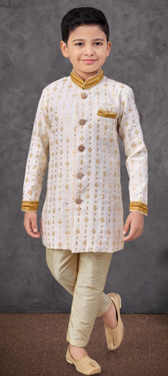 White and Off White color Boys Indo-Western in Silk fabric with Sequence, Thread work